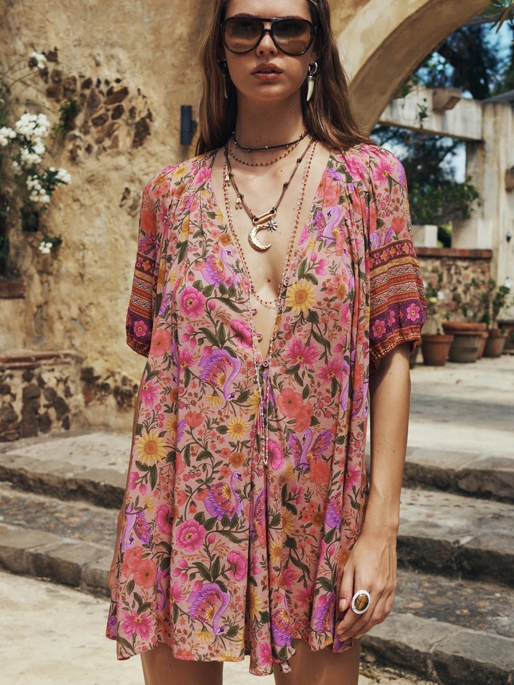 Spell Pink Floral Boho Tunic with Sunflower Accents